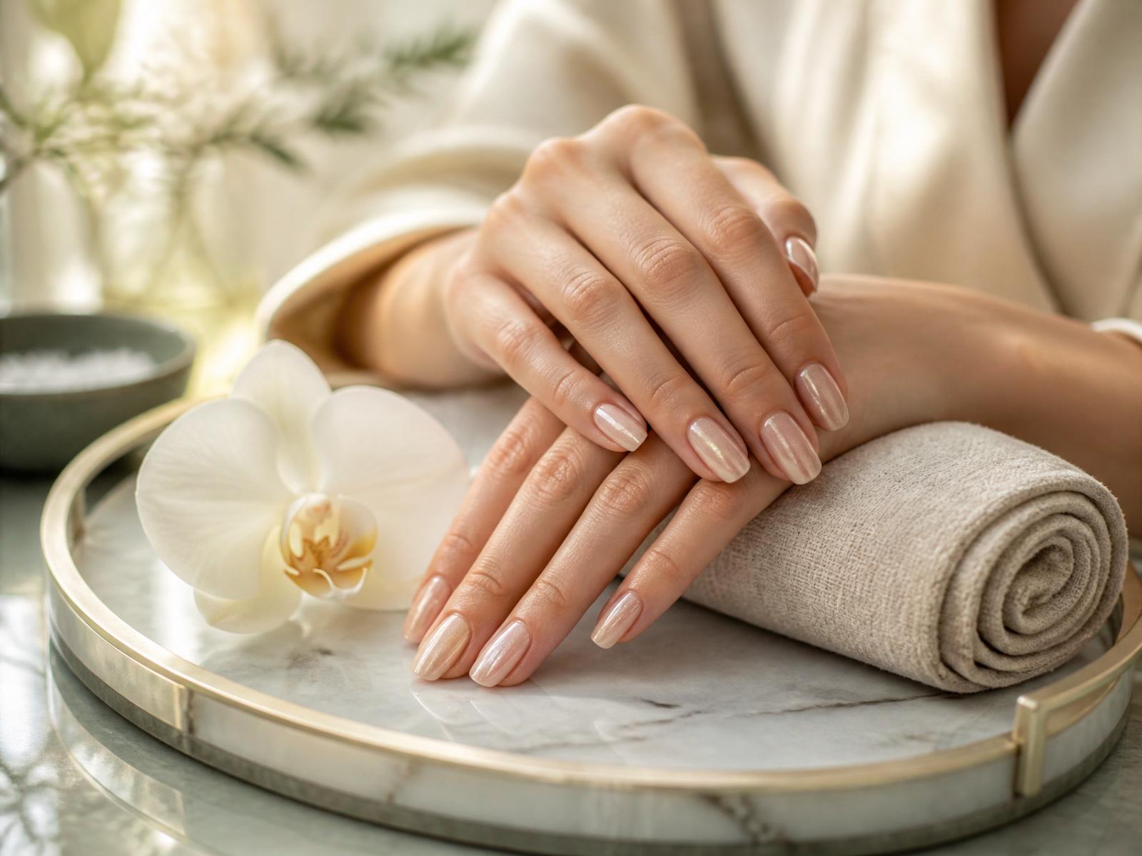 A calming manicure moment at Pearl Nails, soft pearl polish on a marble tray