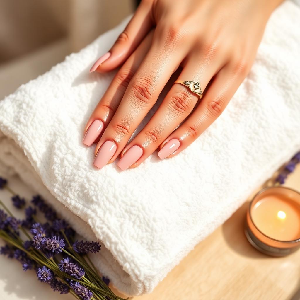 Soft nude pink manicure resting on spa towel with lavender